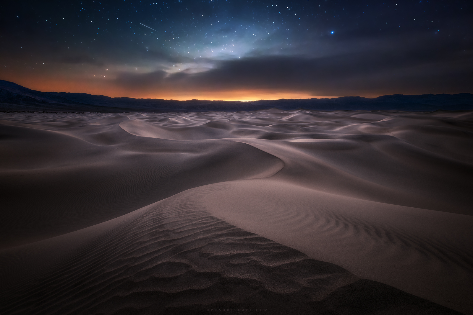 death valley sand dunes at night with stars